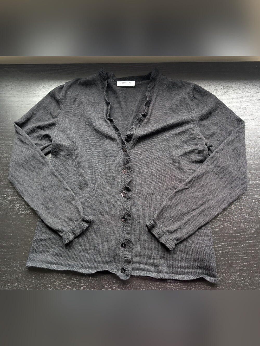Schostal Roma Black Merino Wool Cardigan with Frill Details